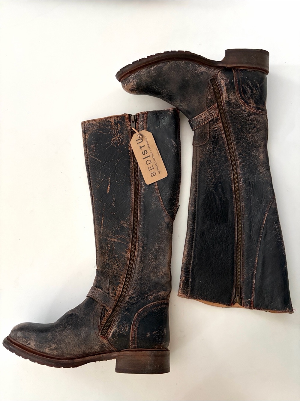 BED STU Glaye Black Lux Distressed Leather Tall Riding Boots Wide Calf size 9.5 - Picture 1 of 16